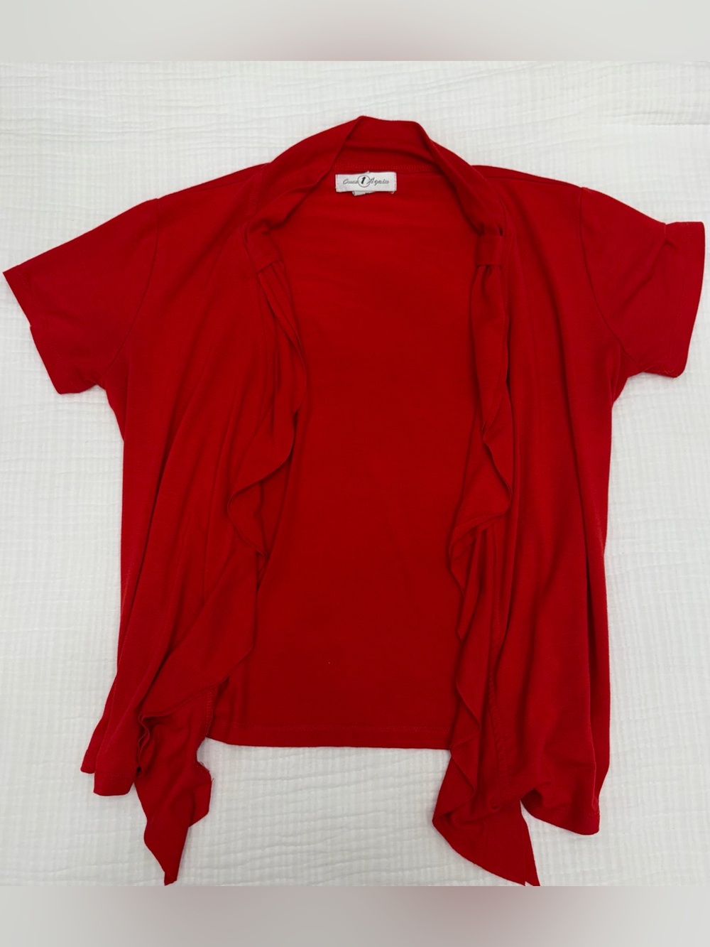 once again bright red flowy open front cardigan